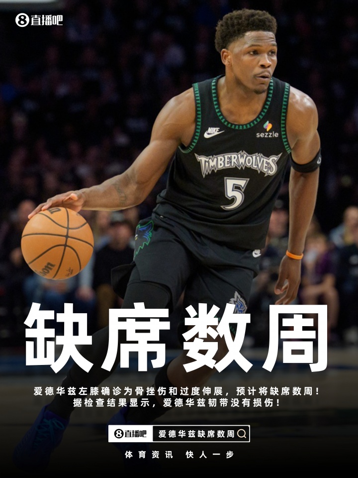 易游体育平台-Shams：爱德华兹左膝骨挫伤&amp;过度伸展将缺席数周！但韧带无损伤！